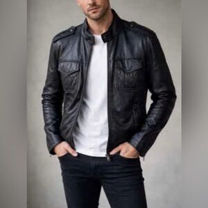 NWT💥Men's Black Leather Moto Jacket - Classic Biker Style medium